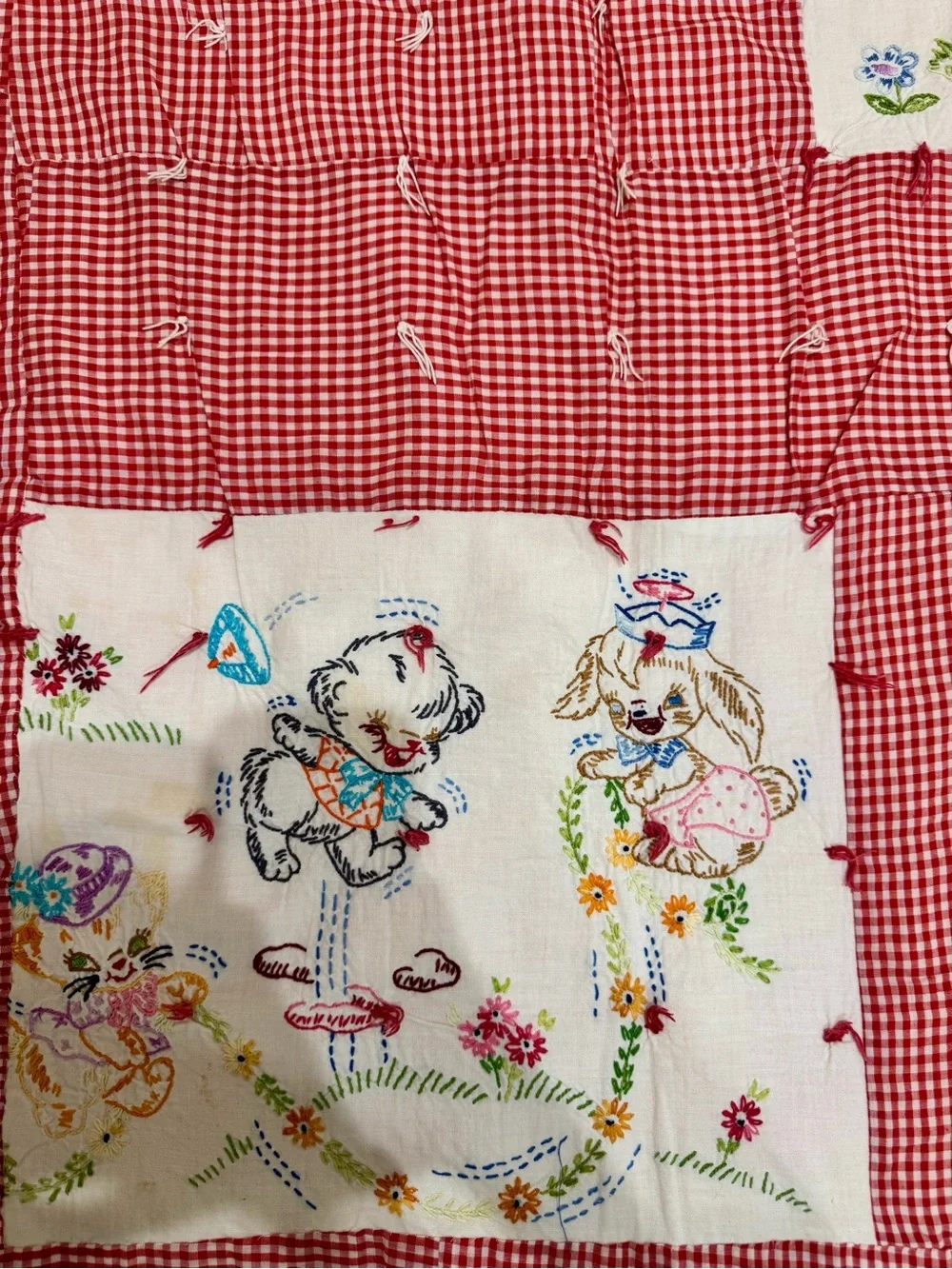Vintage Handmade Red Patchwork Quilt with Whimsical Embroidered Panels